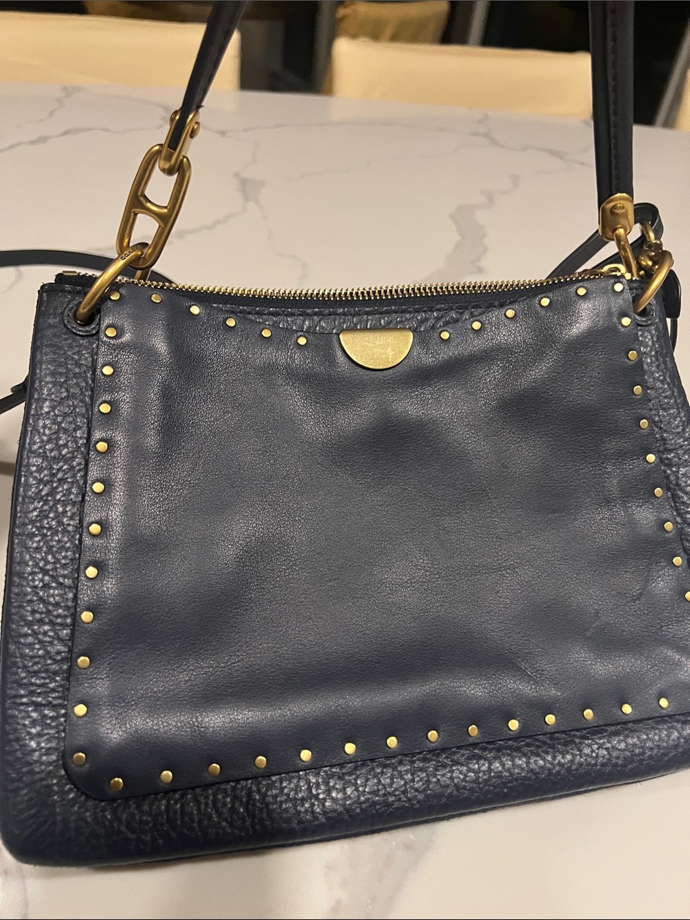 Coach Navy Leather Shoulder Bag with Gold Studs
